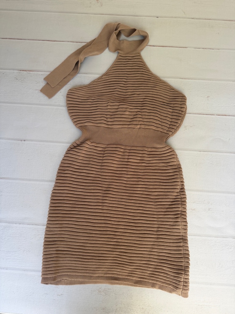 Manière De Voir Ribbed Knit Halter Cutout Mini Dress NWT Size L Camel